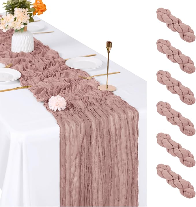 6 Pack Dusty Pink Cheesecloth Table Runner, 17 x 108 inch, Semi Sheer Boho by ACSUIT