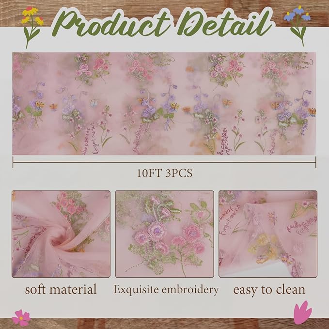 Pink Floral Table Runner 10ft Embroidery Tulle Spring Wildflower Table Runner - Image 2