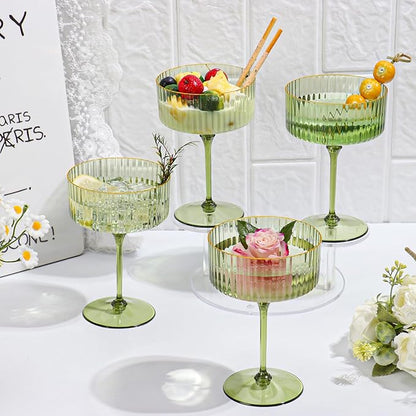 12 PCS Gold Rim Plastic Champagne Coupe Cup Sage Green Ribbed Coupe Glasses 10oz Detachable Espresso Martini Glass Vintage Margarita Glassware Cocktail Glass Set for Baby Shower Christmas Wedding