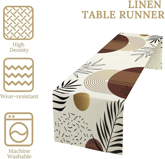 Brown Abstract Mid Century Table Runner Boho Tropical Leaves Botanical - Image 4