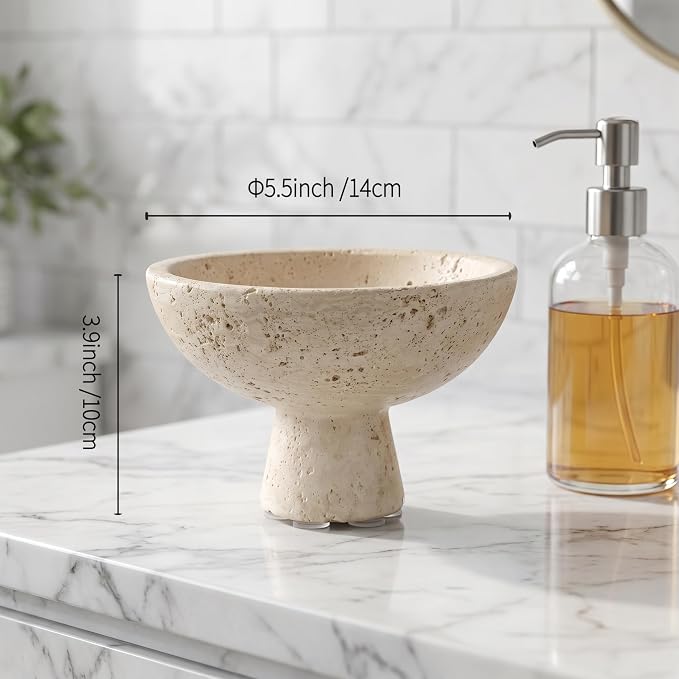 Travertine Style Concrete Pedestal Bowl Wabi-Sabi Organizer | Small 5.5" - Image 6