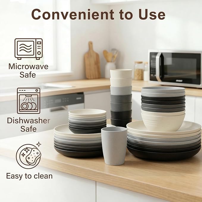 40 Piece Plates and Bowls Sets for 8, Unbreakable Wheat Straw Dinnerware Sets - Image 4