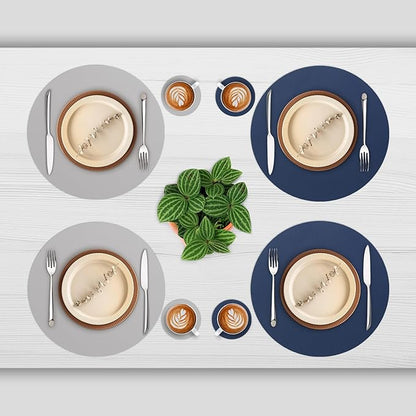 Myir JUN Round Placemats Set of 6 Faux Leather Place Mats and Coasters 15 inch Round Table Mats Dual Sided Non-Slip Stain Resistant Placemats (Light & Gray Blue, Set of 6)