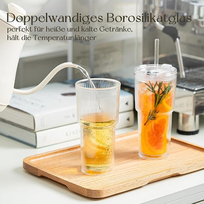 KEMORELA Iced Coffee Cups with Lids 20oz Ribbed Double Wall Glass Cups with - Image 6