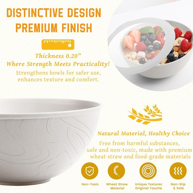 Wheat Straw Cereal Bowls with Lids, Unbreakable Plastic Bowls Set of 4 - Image 3