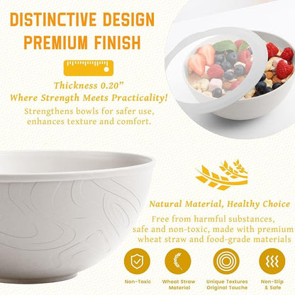 Wheat Straw Cereal Bowls with Lids, Unbreakable Plastic Bowls Set of 4 - Image 3