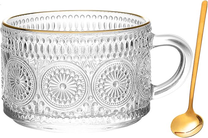 Vintage Glass Coffee Mug, 14 Ounces Clear Embossed Glass Cup by Unknown