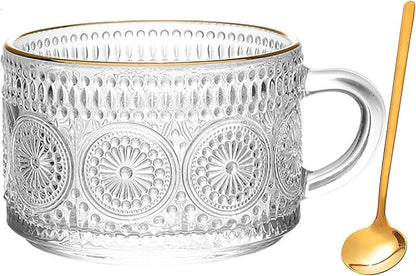 Vintage Glass Coffee Mug, 14 Ounces Clear Embossed Glass Cup by Unknown