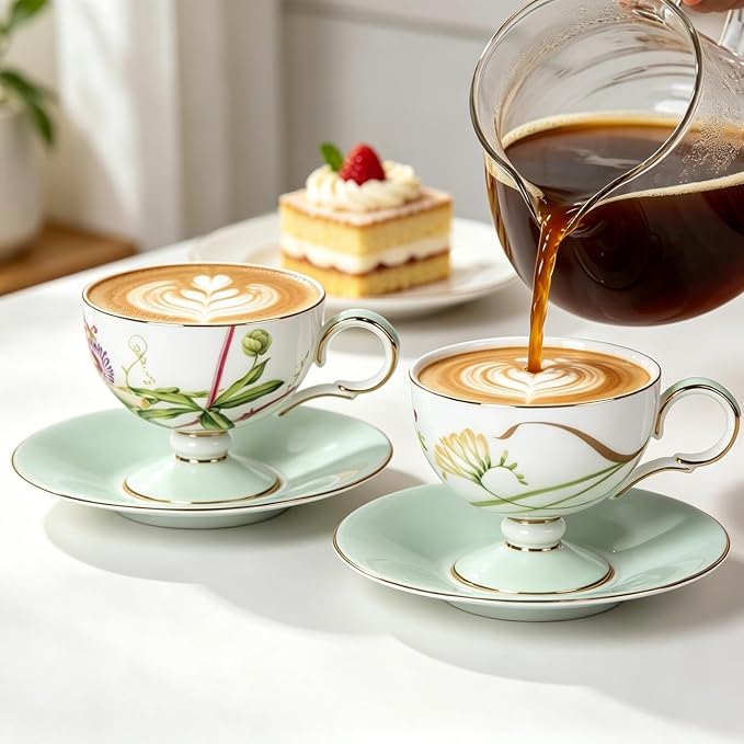 KAMMAK Tea Cups Set of 2, Ceramic Floral Pattern Demitasse Cup | Porcelain - Image 7