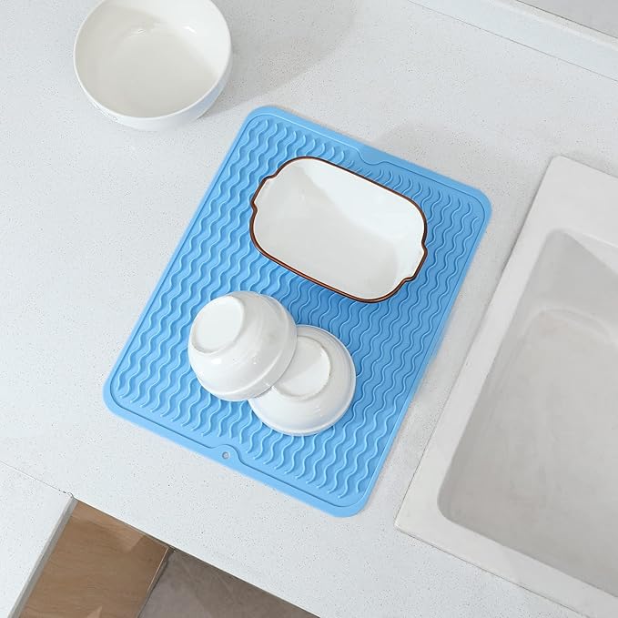Silicone Dish Drying Mat for Multiple Usage,Easy clean,Eco-friendly,Heat-resistant Silicone Mat for Kitchen Counter or Sink,Refrigerator or drawer liner Light Blue L 16 inches x 12 inches