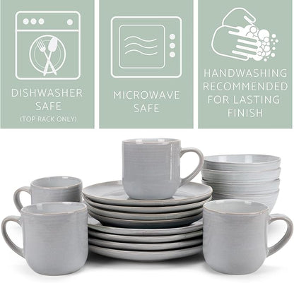 Elanze Designs Reactive Glaze Farmhouse Rustic Boho Ceramic Stoneware Dinnerware 16 Piece Plate Bowl Mug Dish Set - Service for 4, Pale Grey
