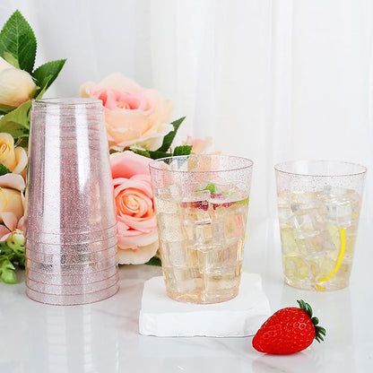 DaYammi 100 Pack 10oz Pink Plastic Cups, Premium Disposable Rose Gold Glitter Plastic Cups for Martini and Cocktail,Disposable Cup with Pink Glitter Perfect for Party Valentine's Day Mother's Day