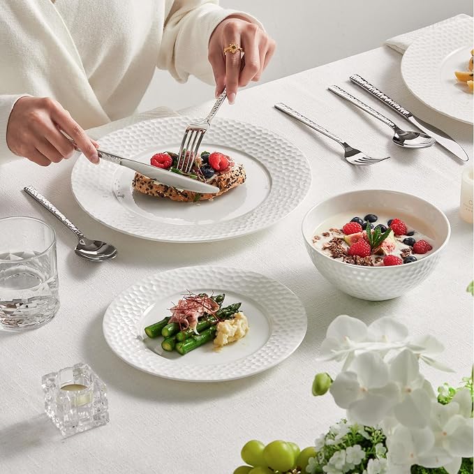 12Pcs Hammered Rim White Bone China Set, Service - Image 4