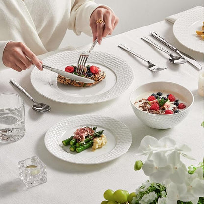 12Pcs Hammered Rim White Bone China Set, Service - Image 4