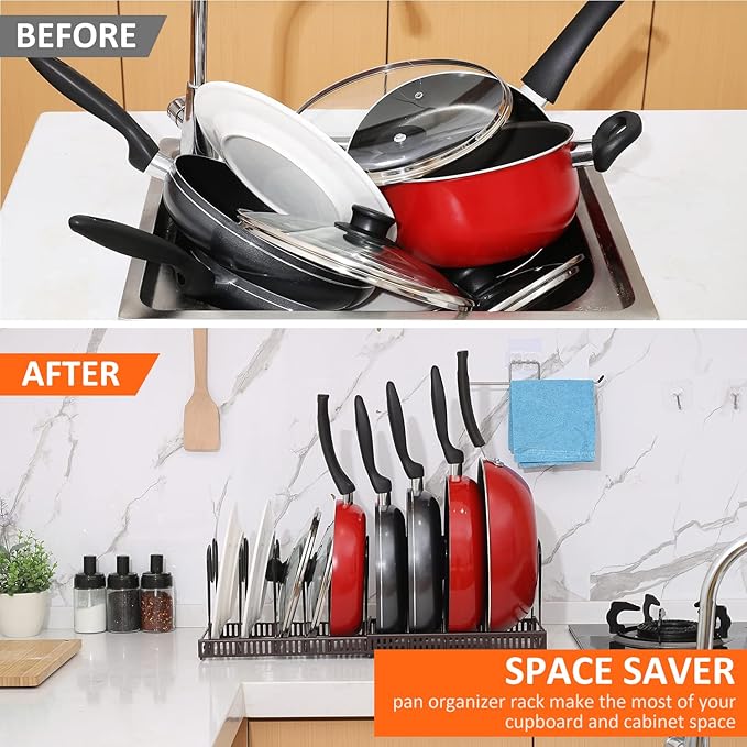 Pot Rack Organizer -Expandable Pot and Pan Organizer for Cabinet,Pot Lid Organizer Holder with 10 Adjustable Compartment for Kitchen Cabinet Cookware Baking Frying Rack,Bronze