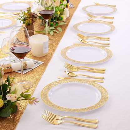 100pcs Gold and White Plates, Heavy Duty Disposable Wedding Plates | elegant - Image 7