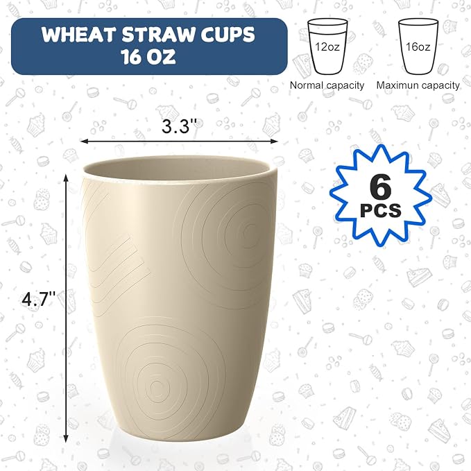 Unbreakable Wheat Straw Cups, Alternative to Plastic Cups Set 6 PCS, 16 OZ - Image 2