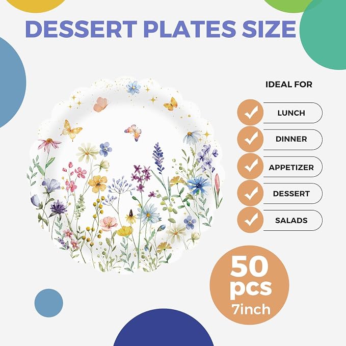 50Pcs Wildflower Scalloped Paper Plates 7inch Spring Party Dessert Plates - Image 5
