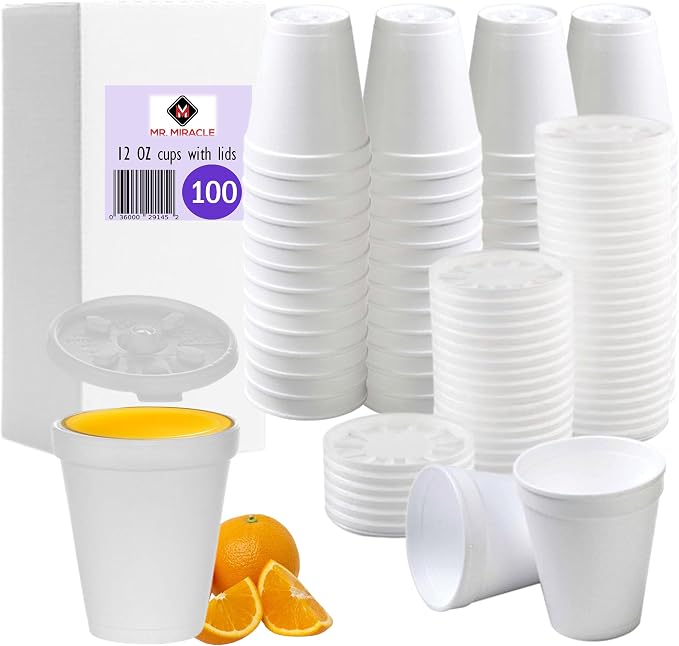 12 OZ Foam Cups for Hot & Cold Drinks, USA-Made 100-Pack by MrMiracle