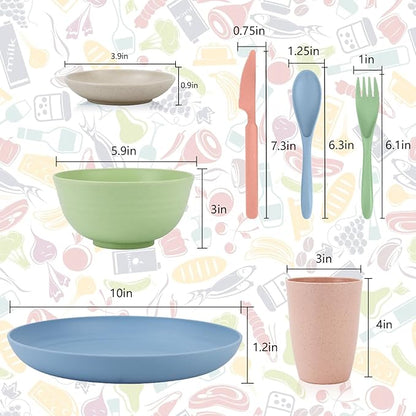 Wrova wheat straw bowls,plates,cups and cutlery sets 28 pcs - Unbreakable Dishwasher Safe dinnerware sets service for 4 - Ideal dish sets for kitchen, camping, indoors and out doors.Nordic