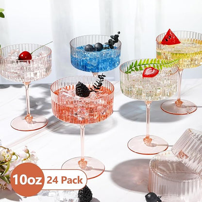 24 Pcs Ribbed Martini Glasses 10 oz Disposable Plastic Vintage Ribbed Coupe Glasses Unbreakable Dessert Parfait Glassware for Wedding Birthday Party Supplies (Champagne Powder)