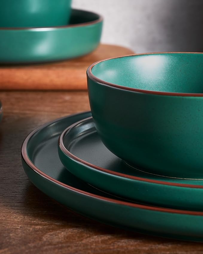 Famiware Mercury 18-Piece Stoneware Dinnerware Set, Dark Green | Plates and - Image 4
