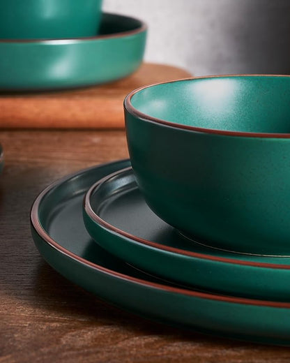 Famiware Mercury 24-Piece Stoneware Dinnerware Set, Dark Green | Plates and - Image 3
