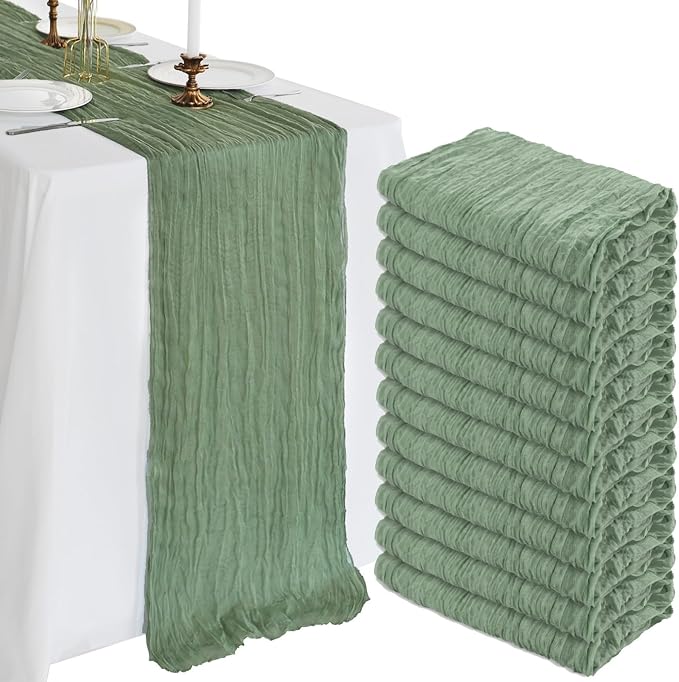 12 Pack 10Ft Sage Green Cheesecloth Table Runner 23 x 120 Inch | Gauze Rustic by CKIKU
