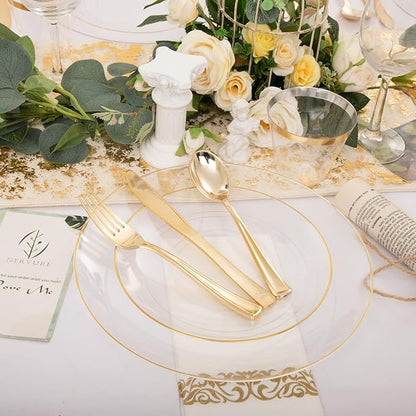 Nervure 100 Pieces Clear and Gold Plastic Plates - 10.25inch Gold Dinner Plate - Heavyweight Clear Disposable Plates Ideal for Party & Wedding