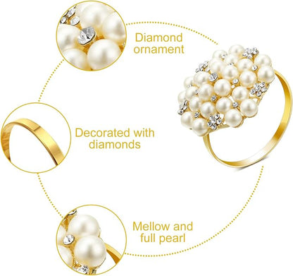 Hotop 36 Pcs Gold Napkin Rings Pearls and Flower Napkin Buckles Rhinestone - Image 6