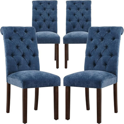 COLAMY Button Tufted Dining Chairs Set of 4, Parsons Upholstered Fabric Dining Room Chairs Kitchen Chairs with Wood Legs and Padded Seat, Blue