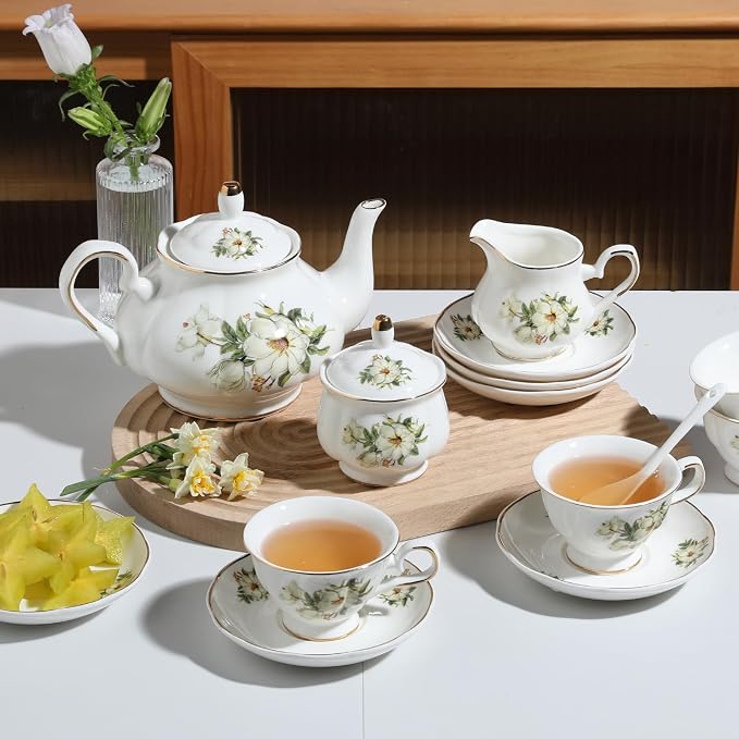 Sweejar Porcelain Tea Set Vintage Floral, British Relief Gold Rim Teapot Cup - Image 5