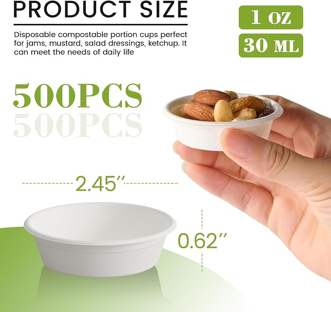 ECOLipak 1 oz Compostable Condiment Cups, 500 Pack Bagasse Portion Cups | - Image 2