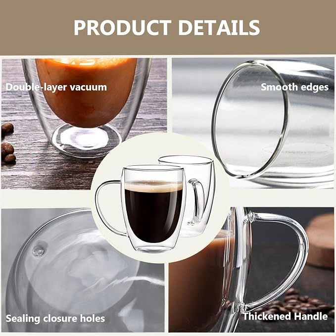 DINGPAI 4 Pack Double Wall Glass Coffee Mugs, 12oz Clear Coffee Cups | Heat - Image 3
