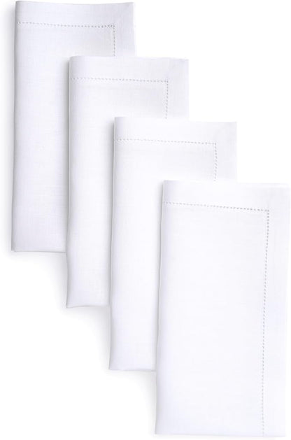D'Moksha Homes White Linen Napkins Set of 4 - Classic Hemstitch 100% Pure Linen Hemstitch Dinner Napkins 20 x 20 Inch for Valentines, Spring, Easter - Handcrafted and Machine Washable