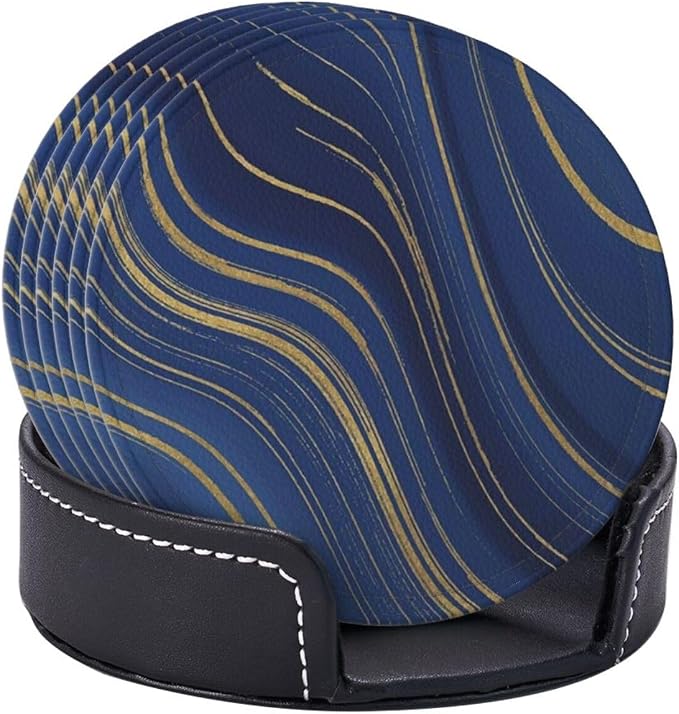 6 Pcs Abstract Geometric Navy Blue Marble Gold Stripes Leather Coasters - Image 6
