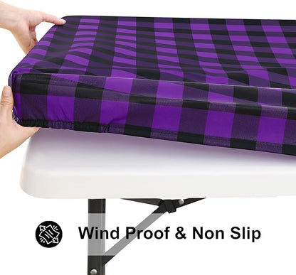 Smiry Rectangle Picnic Table Cloth, Elastic Waterproof Fitted Vinyl Tablecloths, Flannel Backed Buffalo Plaid Table Covers for Dining, Camping, Outdoor (Black and Purple, 30" x 96")