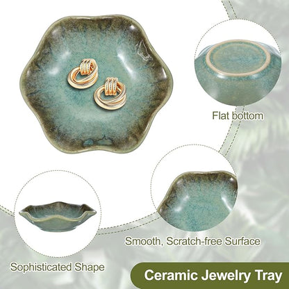 uxcell 2Pcs Ceramics Jewelry Plate, Lotus Leaf Shape Key Holder Bowl for Entryway Table Decor Small Ring Tray Dish Gift for Women Girlfriend, Grass Green
