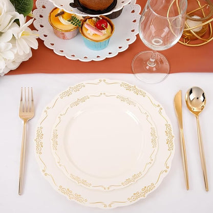 U-QE 100 PCS Ivory Plastic Plates with Gold Rim - Gold Plastic Plates for Party - Heavy Duty Plastic Plates Disposable Use Including 50 Dinner Plates 10 '' & 50 Dessert Plates 7.5 ''