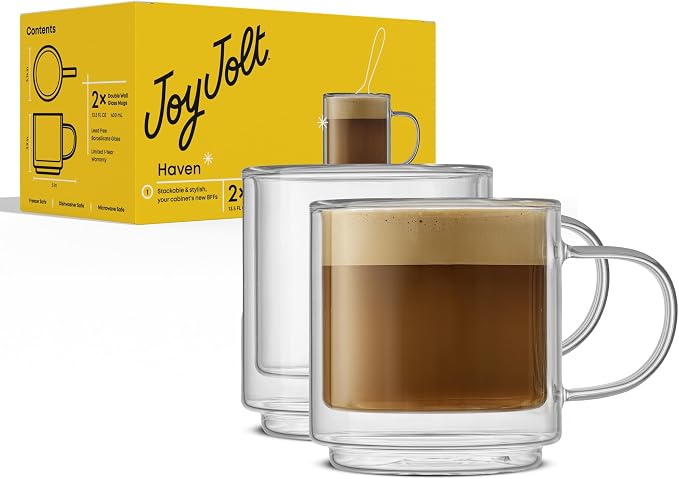 JoyJolt Haven Stackable Double Wall Glass Mugs, Double Wall Glass Coffee Cups by JoyJolt