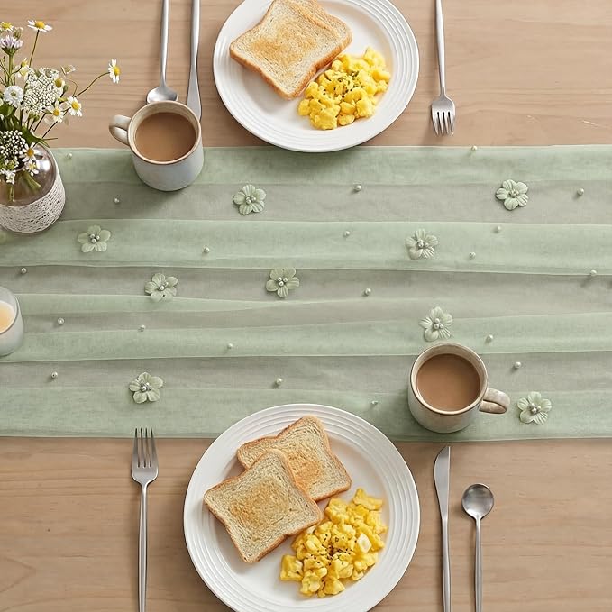 Artoid Mode Sage Green Flower Pearl Green Gauze Table Runner 10FT, Seasonal - Image 4