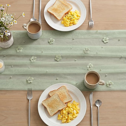 Artoid Mode Sage Green Flower Pearl Green Gauze Table Runner 10FT, Seasonal - Image 4