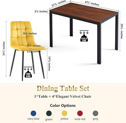 Dining Room Set for 4, 47" Rectangular Table with Durable MDF Tabletop Easy Clean & 4 Elegant Velvet Dining Chair Upholstered Living Chair with Backrest for Dining Room, Restaurant
