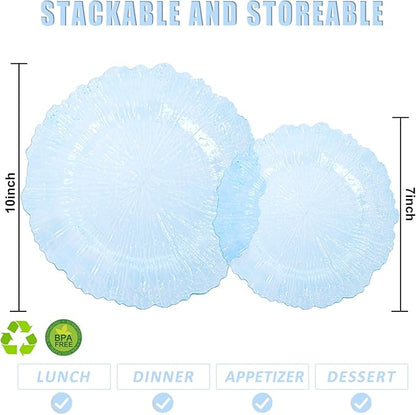 U-QE 60PCS Clear Blue Plates - Blue Plastic Hanukkah Plates Disposable&Reusable - Heavy Duty Plastic Plate for Hanukkah, Party&Wedding Including 30 Dinner Plate 10" & 30 Appetizer Plate 7"