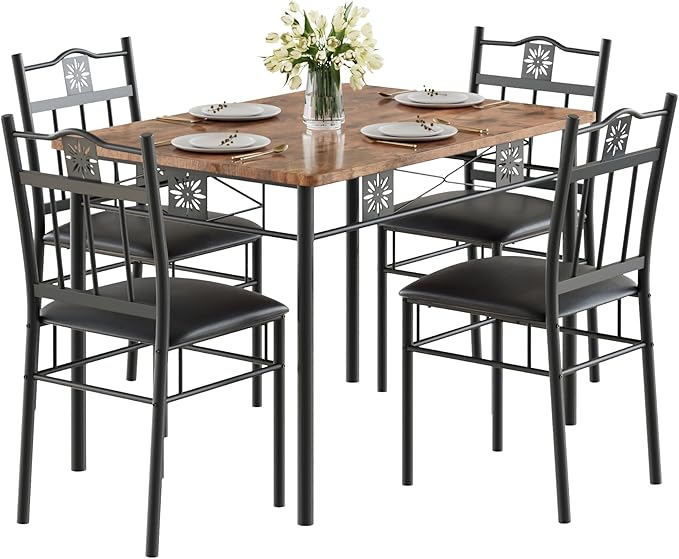 VECELO Dining Table Set for 4, 5-Piece Wood Kitchen Table with Upholstered Padded Chairs for Small Space, Breakfast Nook, Space-Saving, Brown