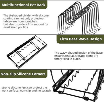 ROOHUA Pot Rack -Expandable Pan Organizer for Cabinet, Lid Holder with 10 Adjustable Compartment for Kitchen Cabinet Cookware Baking Frying Rack