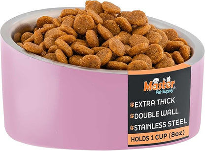Master Pet Supply Stainless Steel Slanted Dog Cat Food Bowl - 8 oz Heavy Duty - Hyper Pink, Double Wall Insulated, Non-Slip Elevated Bowl for French Bulldogs Pugs Cats, Anti Rust Dishwasher Safe