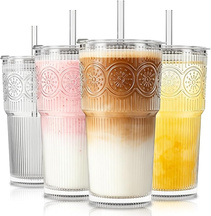 SoulTimes 20oz Ribbed & Floral Glass Tumbler by SoulTimes