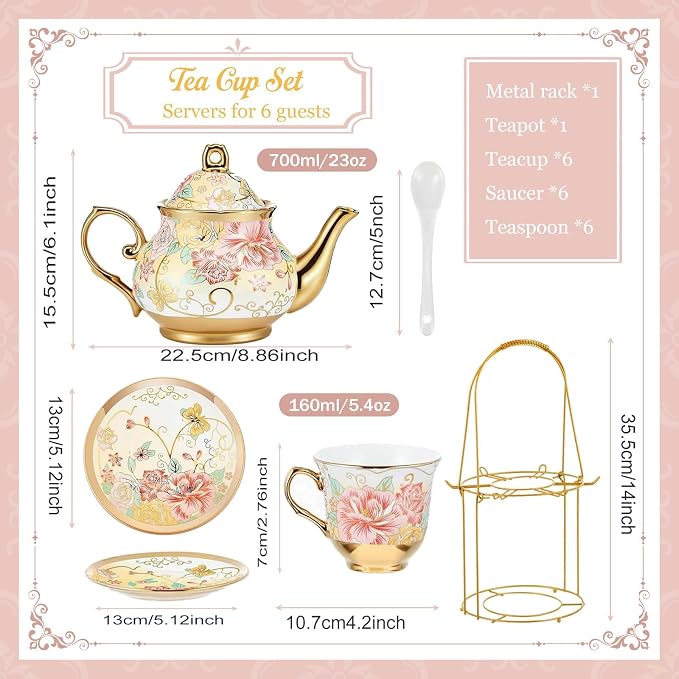 20 Pcs Porcelain Tea Set with Metal Holder, European Ceramic Tea Set - Image 3