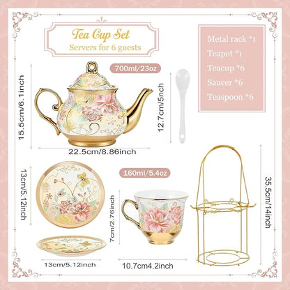 20 Pcs Porcelain Tea Set with Metal Holder, European Ceramic Tea Set - Image 3